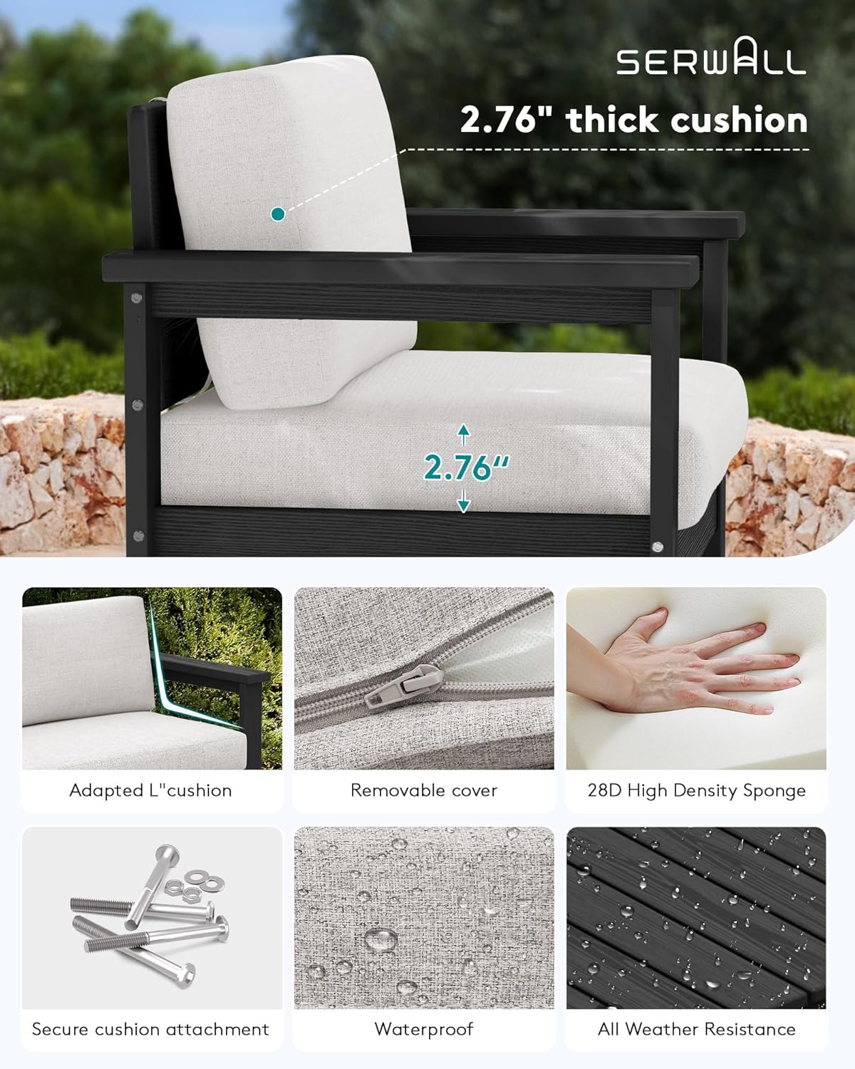 SERWALL 8 Pieces HDPE Outdoor Conversation Sofa Set with Cushions, All Weather Use Patio Couch Loveseat Furniture with Side Table for Balcony, Deck, Poolside, Black Frame with Khaki Cushions