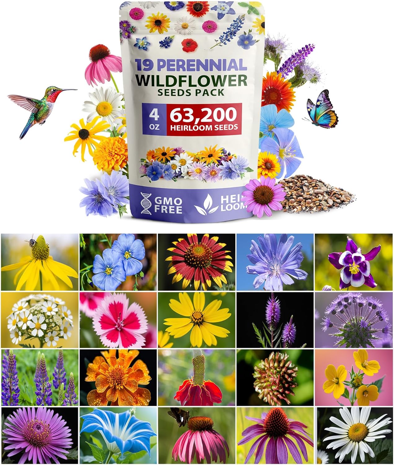 HOME GROWN 𝗨𝗦𝗔 𝗣𝗥𝗘𝗠𝗜𝗨𝗠 Wildflower Seeds Bulk 4 oz 63,200+ Seeds 19 Varieties Non-GMO Perennial Mix, Butterfly & Pollinator Flower Seeds, Attract Bees, Birds & Hummingbirds, Outdoor Planting