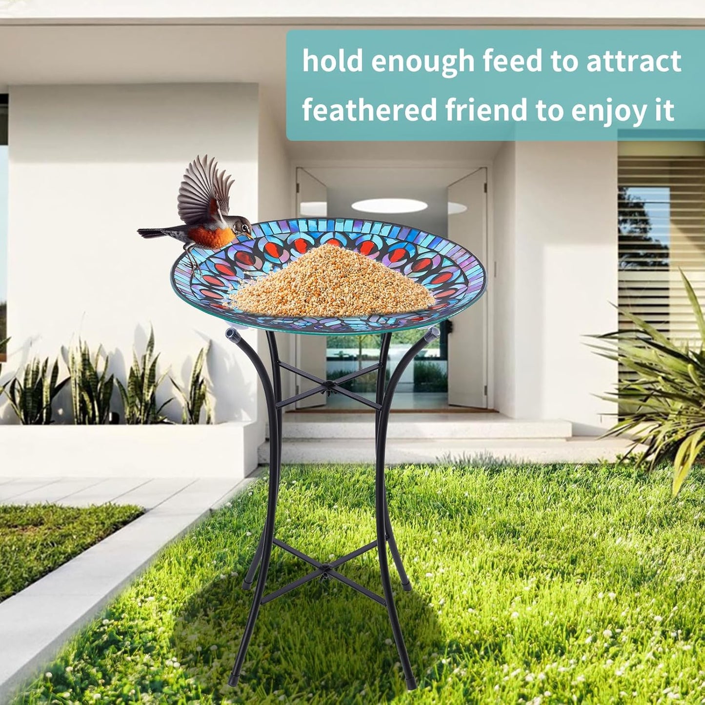 VCUTEKA Mosaic Bird Bath, Glass Birdbath Detachable with Metal Standing for Outdoor Patio Garden Backyard Décor