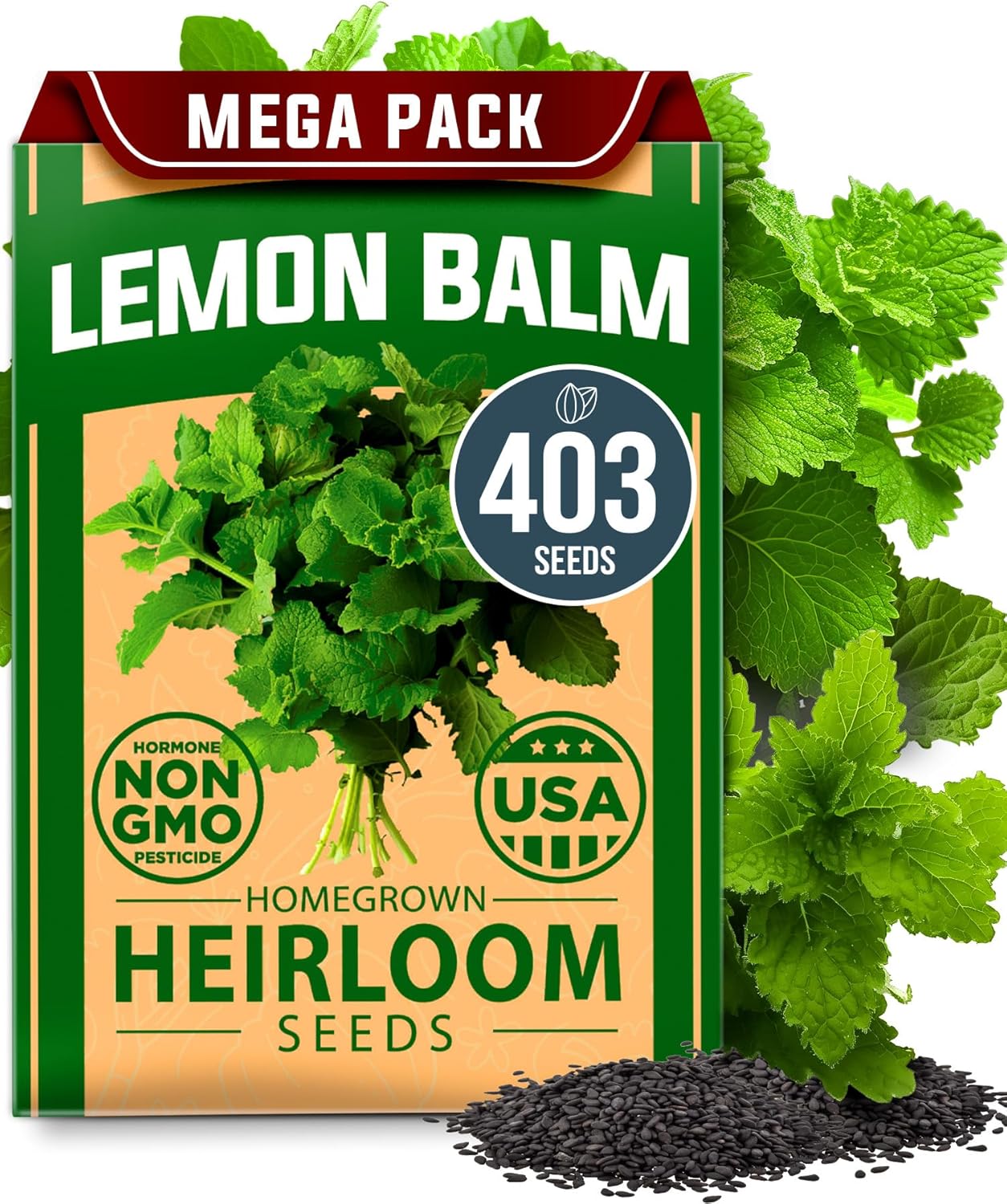 HOME GROWN 𝗨𝗦𝗔 𝗣𝗥𝗘𝗠𝗜𝗨𝗠 Lemon Balm Seed Pack - 403 Non-GMO USA Heirloom Herbal Tea Seeds - Bulk Lemon Balm Seeds for Planting Gardens Indoors or Outdoors - Herb Seeds (Melissa officinalis)