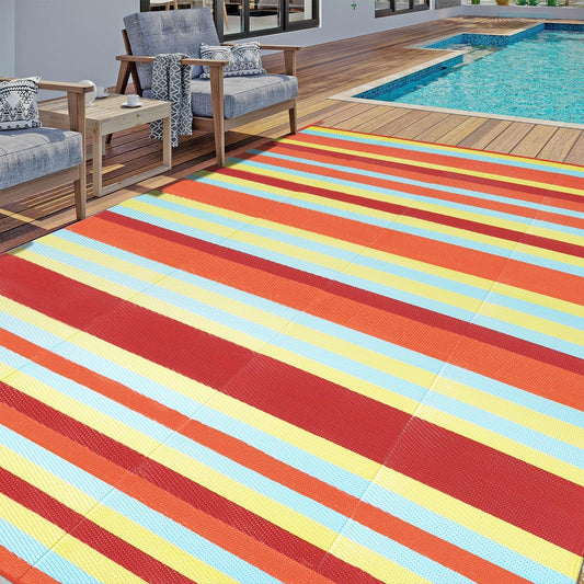 Outdoor Waterproof Rug 9'x12' Plastic Straw Rugs Washable Reversible Floor Mat Rainbow Stripe Carpet for Camping RV Deck Entryance Porch Picnic Balcony Beach Backyard