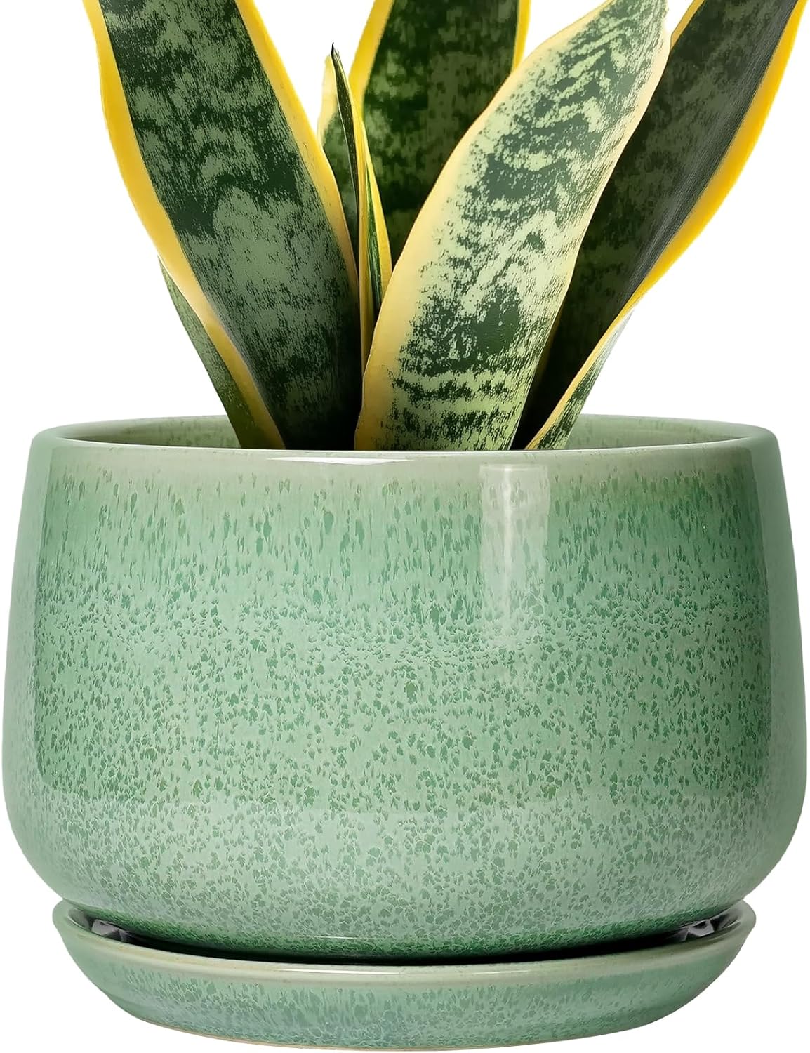 G EPGardening Ceramic Plant Pot - 7 Inch Ceramic Planter for Indoor Outdoor Plants, Flower Pot with Drainage Hole and Tray, Modern Round Planter, Plants Lovers Gifts, Home Garden Decor, Green