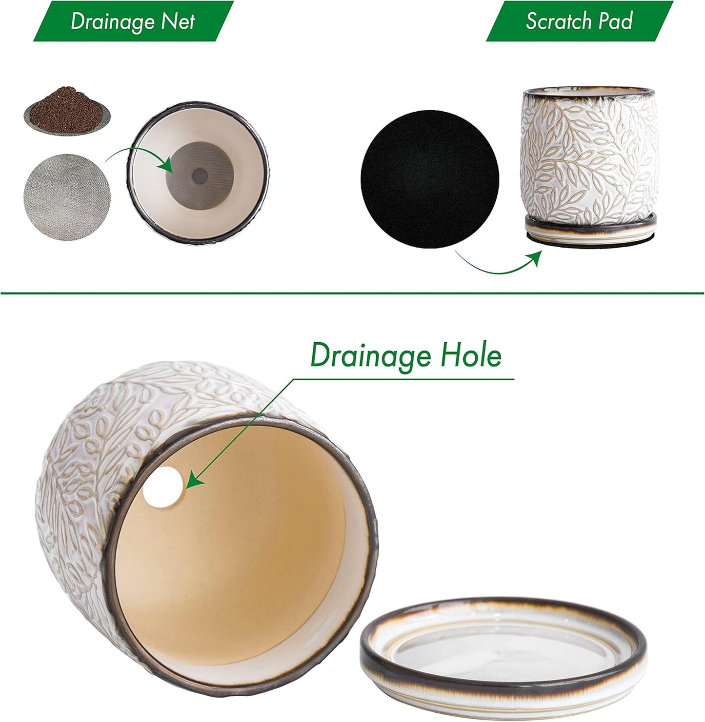 D'vine Dev 5 Inch Embossed Leaves Stoneware Planter Pot with Drainage Hole and Saucer, Smoked White, Set of 1, 27-A-V-1