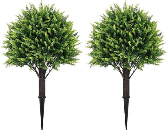 24" Artificial Cedar Topiary Ball Bushes, Set of 2 UV Resistant Fake Trees Outdoor Shrubs with Ground Spike, Weatherproof Faux Plants for Planter, Front Porch, Garden, Yard, Patio Decor