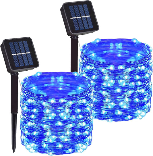 2 Pack Total 200 LED 66FT Solar Powered Copper Wire String Lights Outdoor, Waterproof, 8 Modes Fairy Lights for Garden, Patio, Party, Yard, Christmas (Blue)