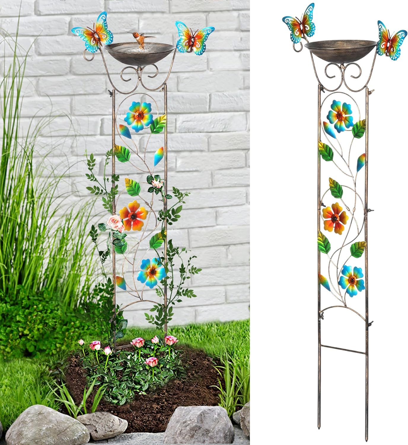 LEWIS&WAYNE Garden Trellis Bird Bath Outdoor, 40 Inch Antique Iron Garden Plant Trellis Decorative with Floral-Butterflies and Detachable Drinking Basin Bowl, Free Standing BirdBath Birdfeeder Station