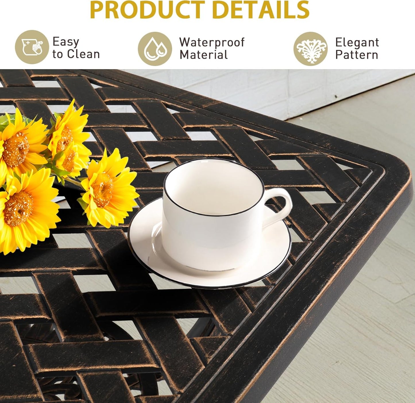 Outvita Patio Side Table, 21.3in Outdoor Square Cast Aluminum Bistro Table and Antique Design for Backyard Porch Pool Balcony Deck White