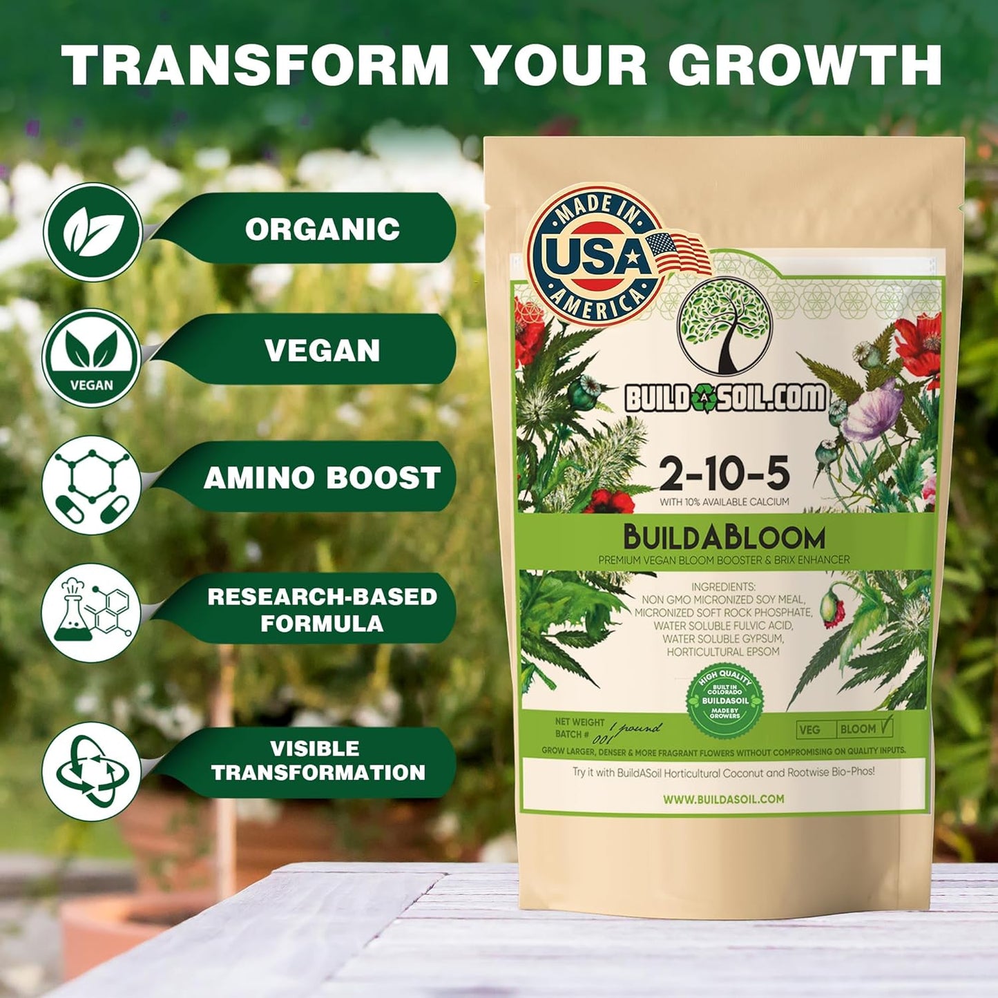 BuildASoil Vegan Bloom Booster & Flower Fertilizer – Organic Hydrangea & Rose Fertilizer Plant Food, Bloom Booster Fertilizer for Outdoor Gardens & Houseplants – Natural Soil Flower Food, 5 LB Bag