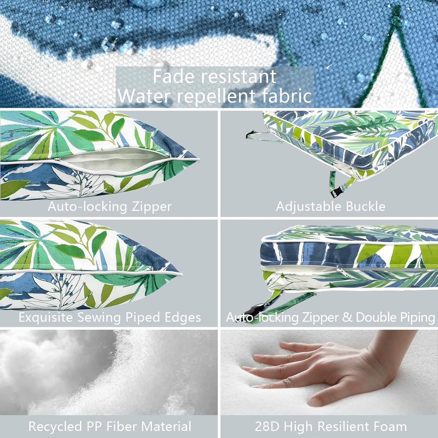 LVTXIII Outdoor Deep Seat Cushion Patio Seat and Back Cushion Set Seasonal Chair Cushion with Removable Cover and Adjustable Buckle for Home and Garden, 24"x24"x4", Islamorada Blue Green