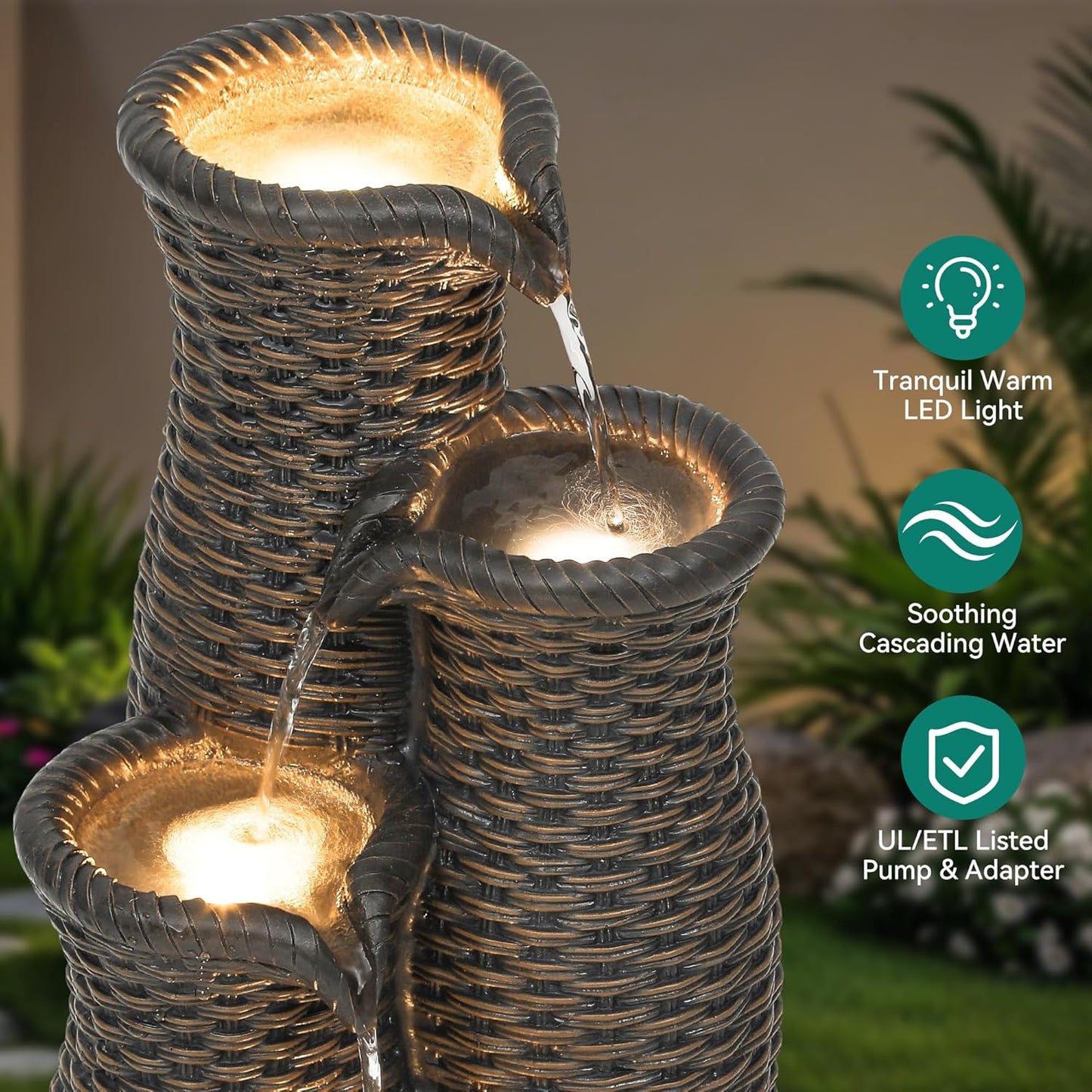 5-Tier Faux Rattan Vase Water Fountain Outdoor with LED Lights, Polyresin Cascading Waterfall Feature, Tranquil Oasis for Garden, Patio, Yard, or Porch