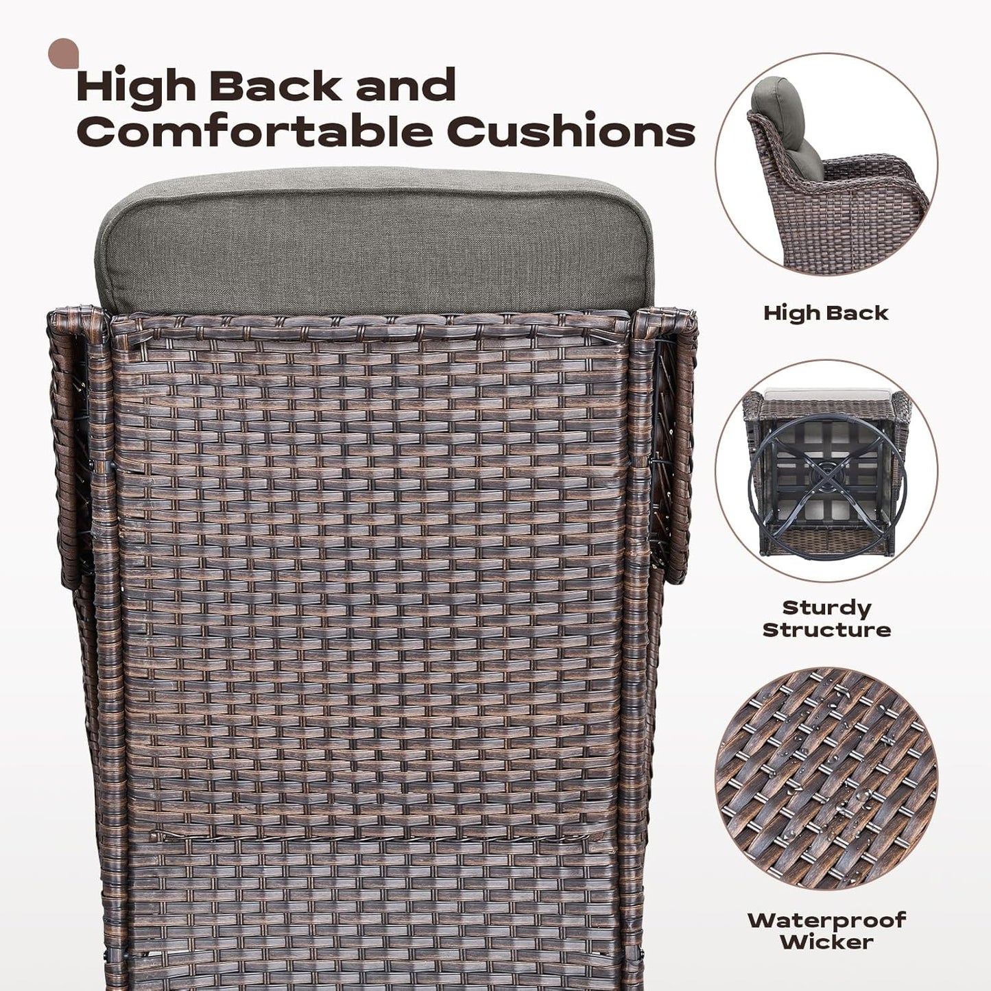 Outdoor Patio Swivel Rocker Chairs Set of 2, Waterproof Wicker, High Back, Deep Seating, Wide Armrest, Upgraded 6 inch Thick Cushions, Ideal for Deck Porch Backyard, Brown/Grey