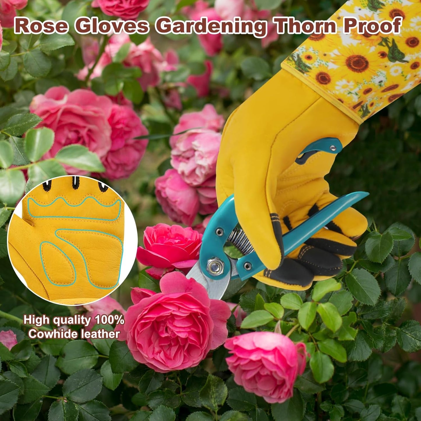 DLY Gardening Gloves for Women, Rose Gloves Gardening Thorn Proof, Long Garden Gloves for Women, Breathable Cowhide Leather Gauntlet (X-Large, Yellow