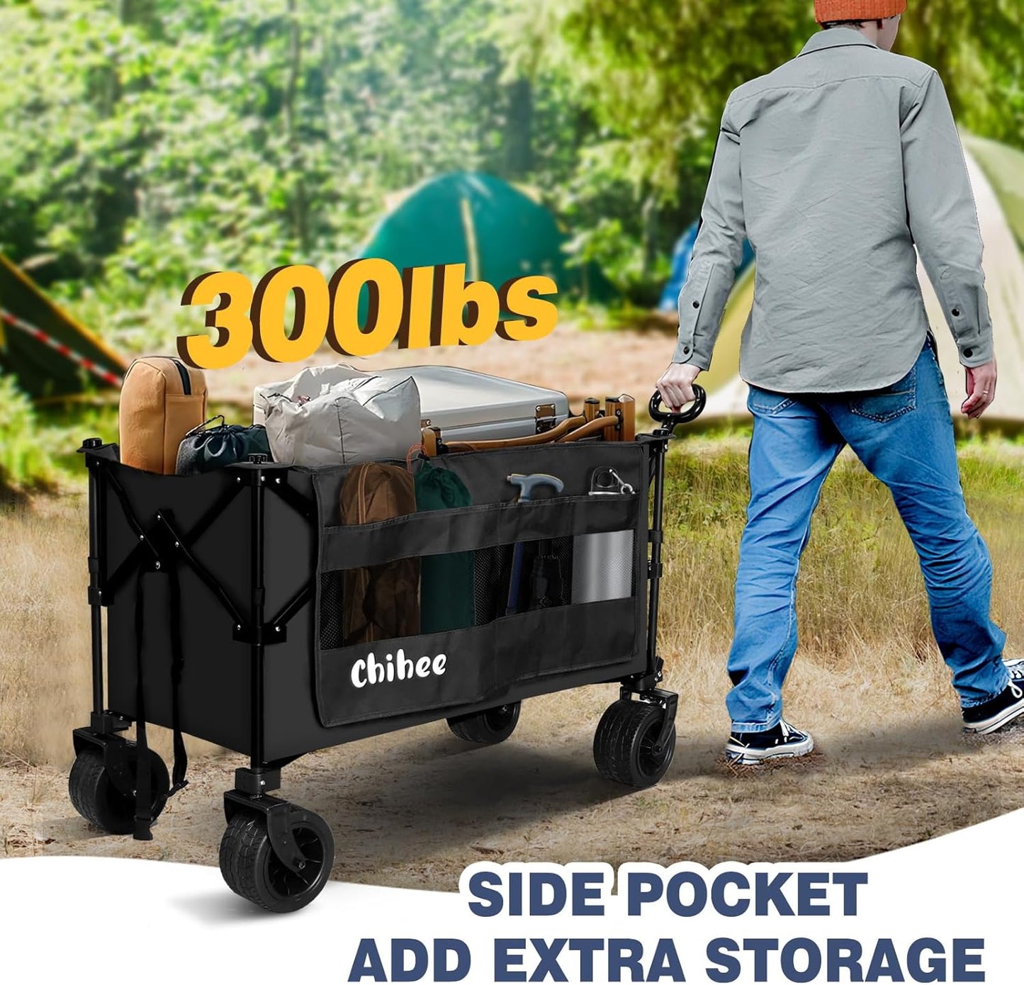 Chihee Garden Cart Collapsible Outdoor Utility Wagon Cart,Folding Beach Cart Oversized Capacity 254L,Heavy Duty Portable Wagon All Terrain Wheels Oversized Side Pocket 2 Drink Holders for Camping