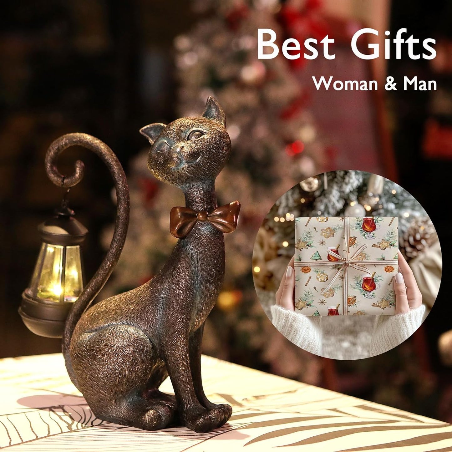 Whimsical Outdoor Cat Statues with Solar Garden Lantern:Cat Garden Statues for Outside Fall Decor Clearance,Outdoor Figurine for Yard Art Lawn Ornaments Patio Balcony Home House - Birthday Gifts