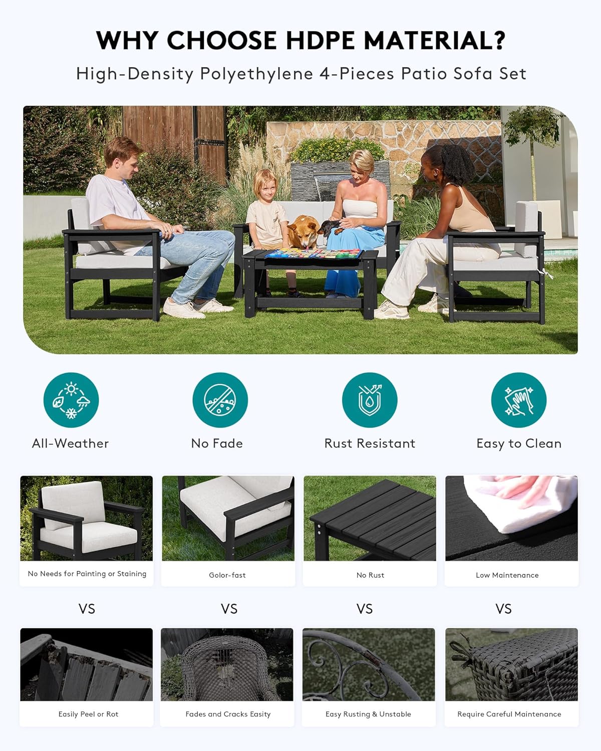SERWALL 8 Pieces HDPE Outdoor Conversation Sofa Set with Cushions, All Weather Use Patio Couch Loveseat Furniture with Side Table for Balcony, Deck, Poolside, Black Frame with Khaki Cushions
