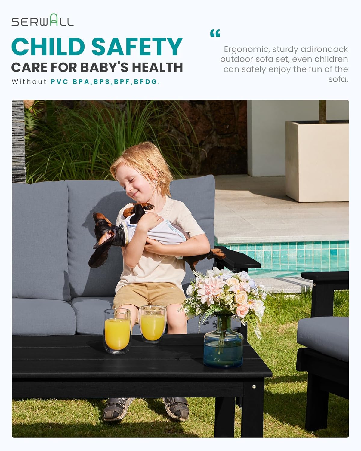 SERWALL HDPE Outdoor Couch Set of 2, Black Frame and Grey Cushion