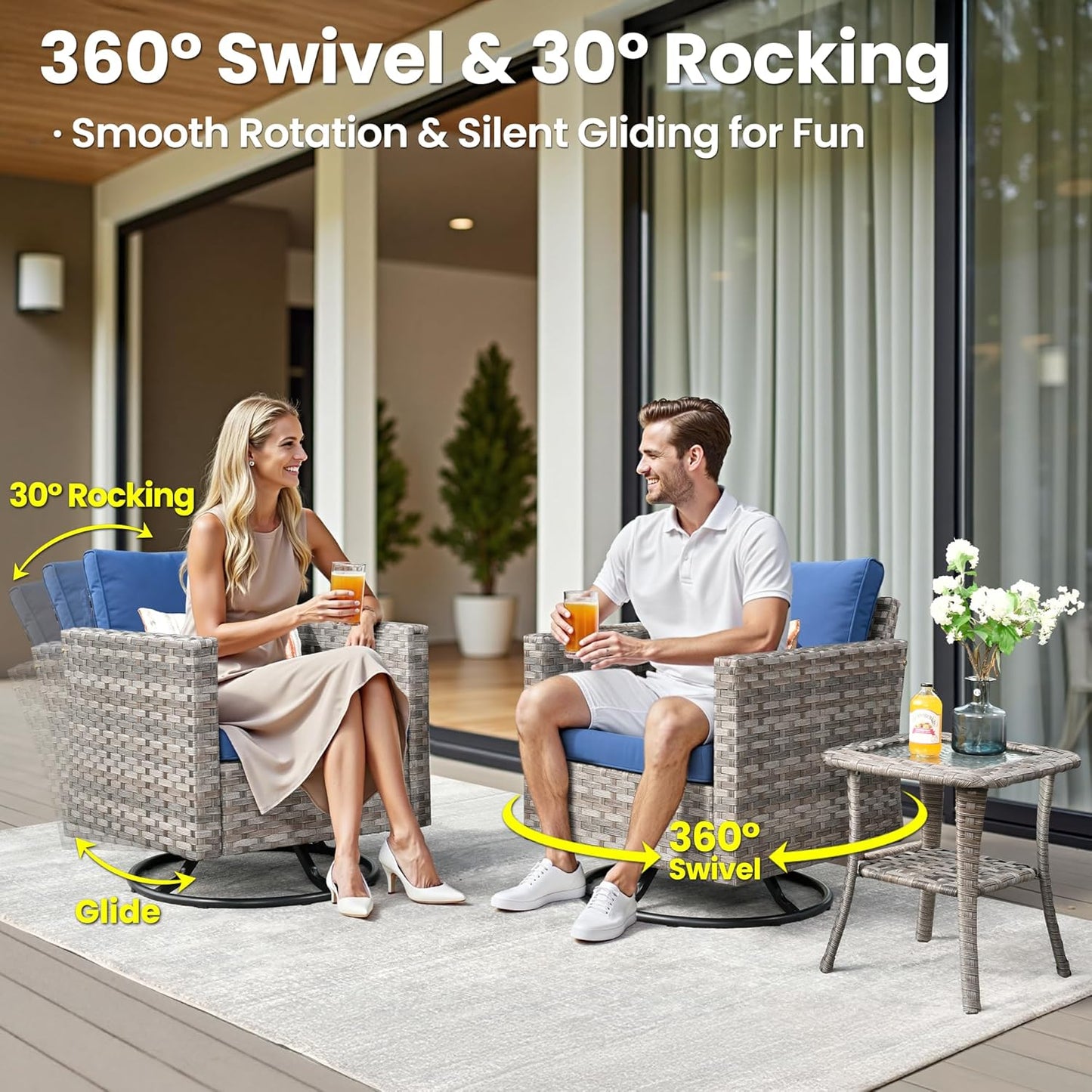 ovios 9 Pieces Patio Furniture Set, Outdoor Wicker Sectional Sofa with 2 Swivel Chairs Coffee Table, Modern Modular Deep Seat Rattan Couch Conversation Sets, Navy Blue