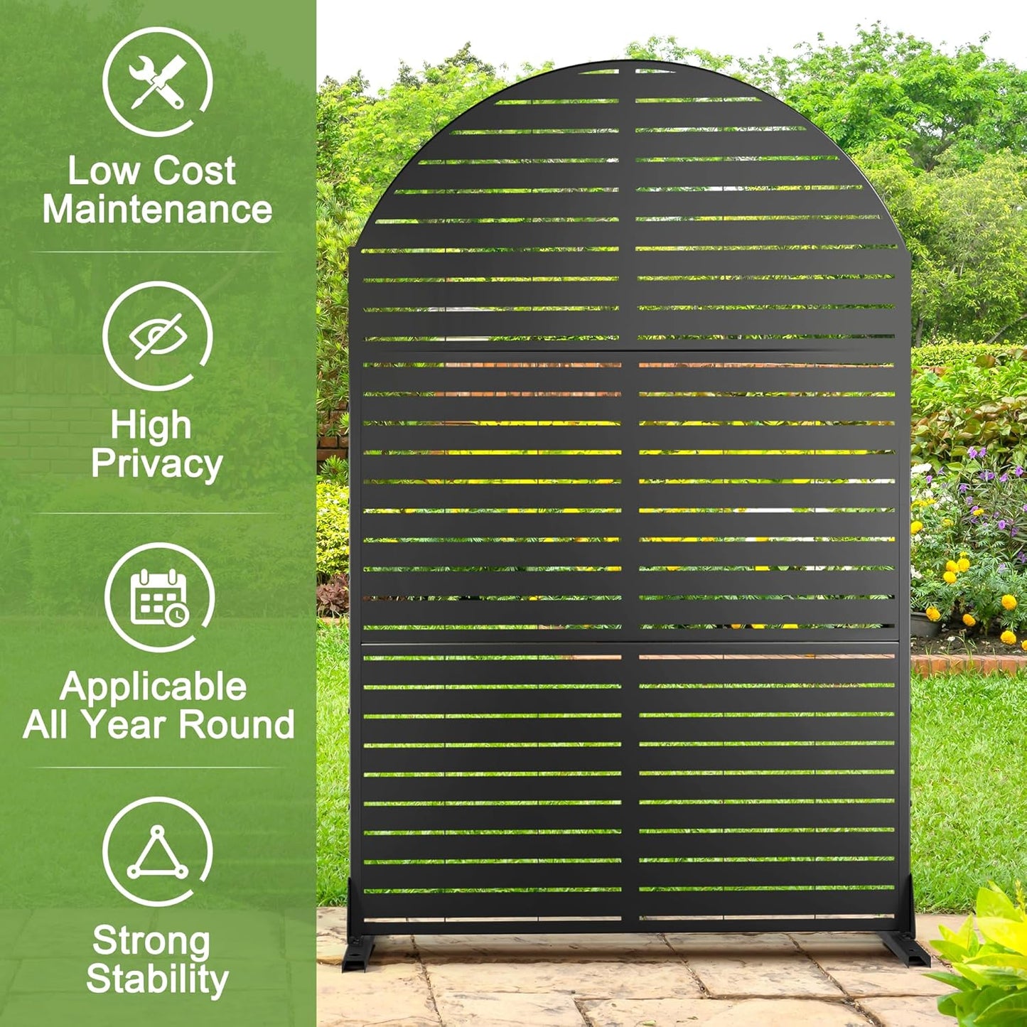 Metal Privacy Screen Outdoor 72" H×47" W,Freestanding Decorative Privacy Screen for Balcony Yard&Garden, Arched Privacy Fence-Black&Louvered