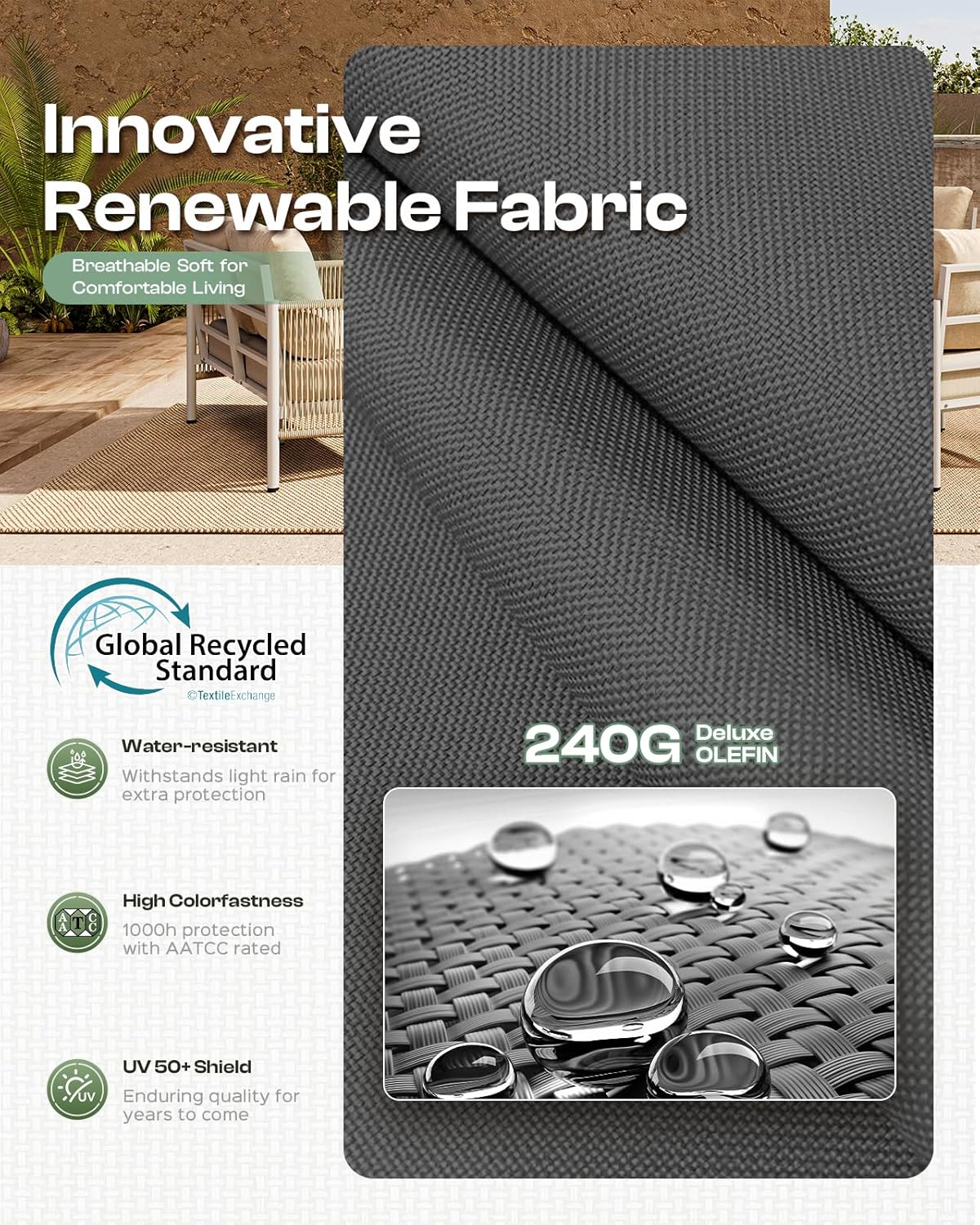 Aluminum Outdoor Patio Furniture Set, HDPE Rope 5 Piece Modern Sectional Conversation Sets with Dual-Layer Coffee Table, All Weather Patio Couch Sofa with Thick Cushions, Gray Frame, Charcoal