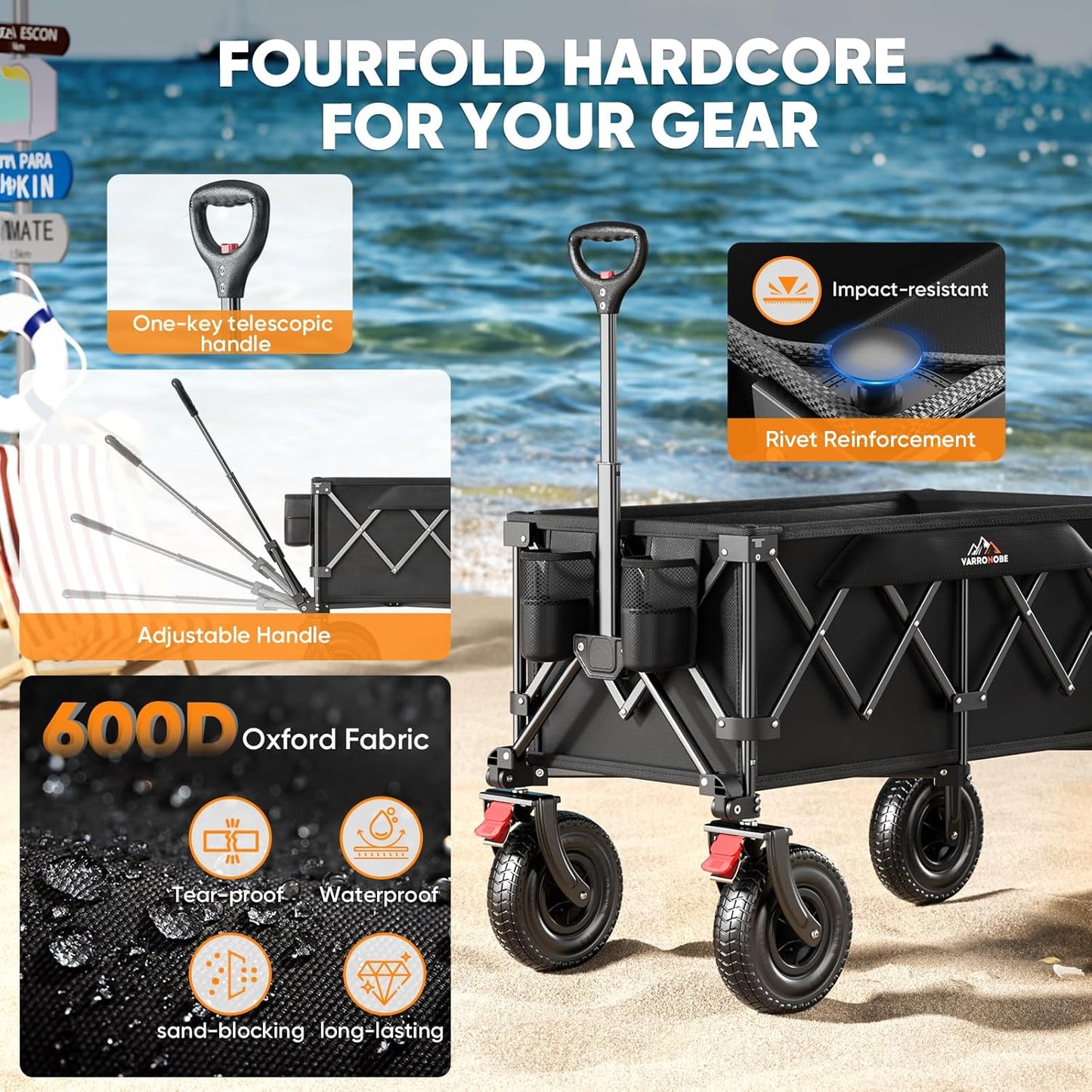 Beach Wagon with 9x3 Big Rubber Wheels for Sand, 350lbs Heavy Duty 200L Collapsible Utility Wagon, Easy Transport & Storage, Ideal for Sport, Camping, All-Terrain Outdoor Activities, Black