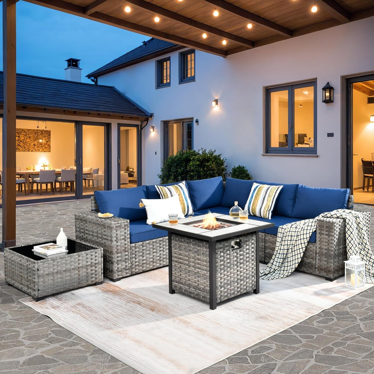 ovios 7 Pieces Patio Furniture Set, Outdoor Wicker Sectional Sofa with 30 Inch Fire Pit Table Comfy Cushions, Modern Modular Deep Seat Rattan Couch Conversation Set, Navy Blue