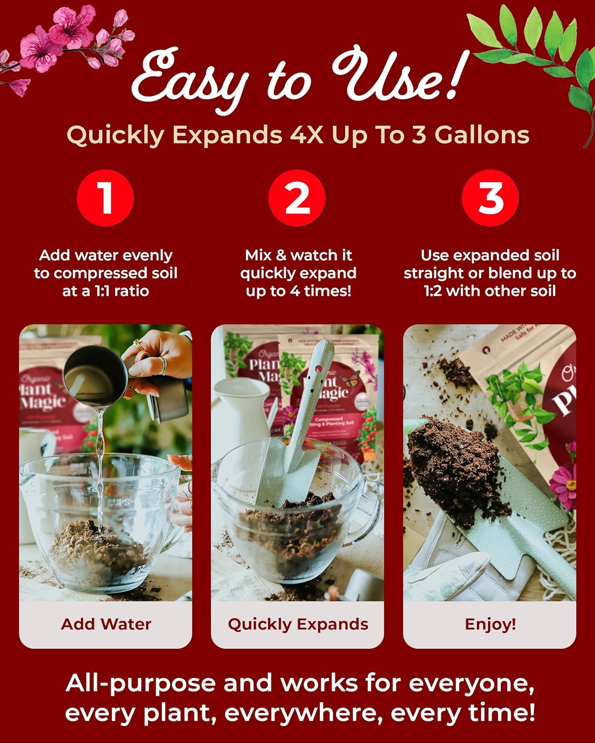 Compressed Organic Potting Soil: 100% Organic, Expands Up to 4X with Water, Nutrient-Dense Plant Food Derived from Worm Castings, Types of Plants, Kid & Pet Safe (Two 2 lb Bags)