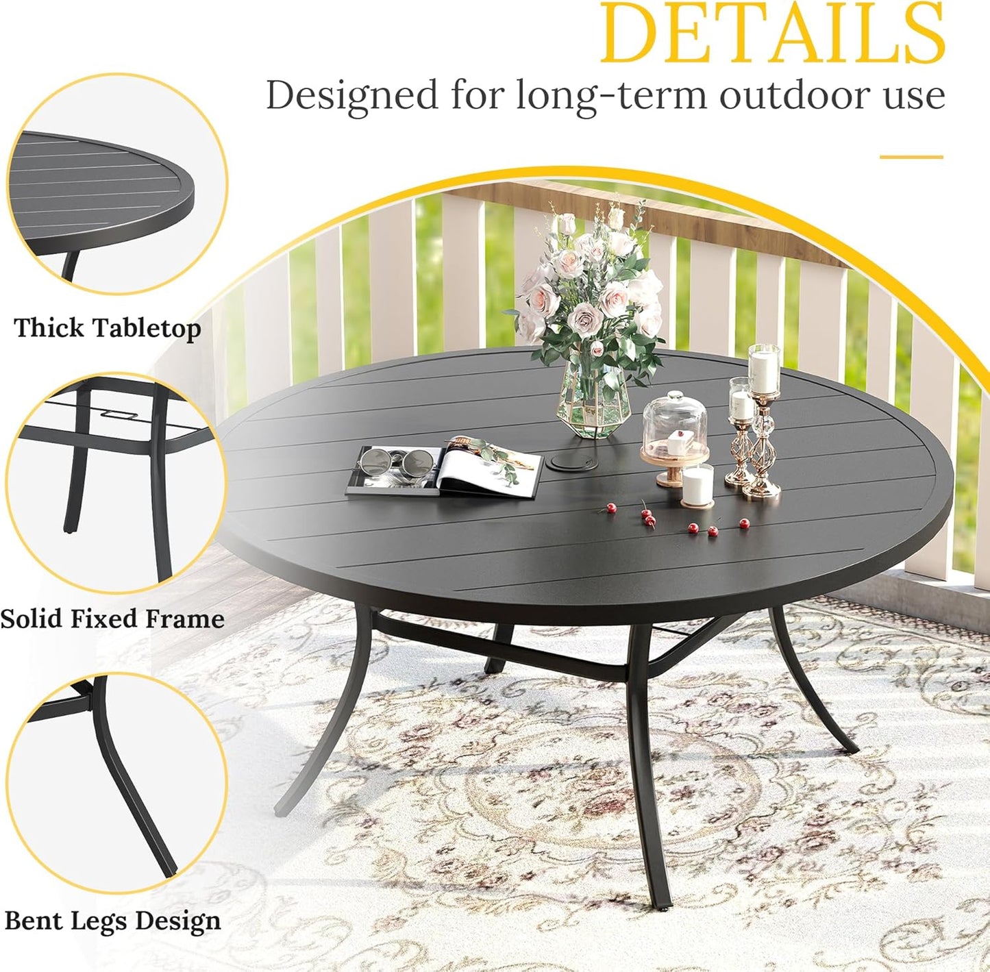VICLLAX Patio Dining Set for 8, Outdoor Furniture Set Includes 53" Round Patio Table and 8 Patio Sling Chairs, Black Tabletop and Brown Fabric