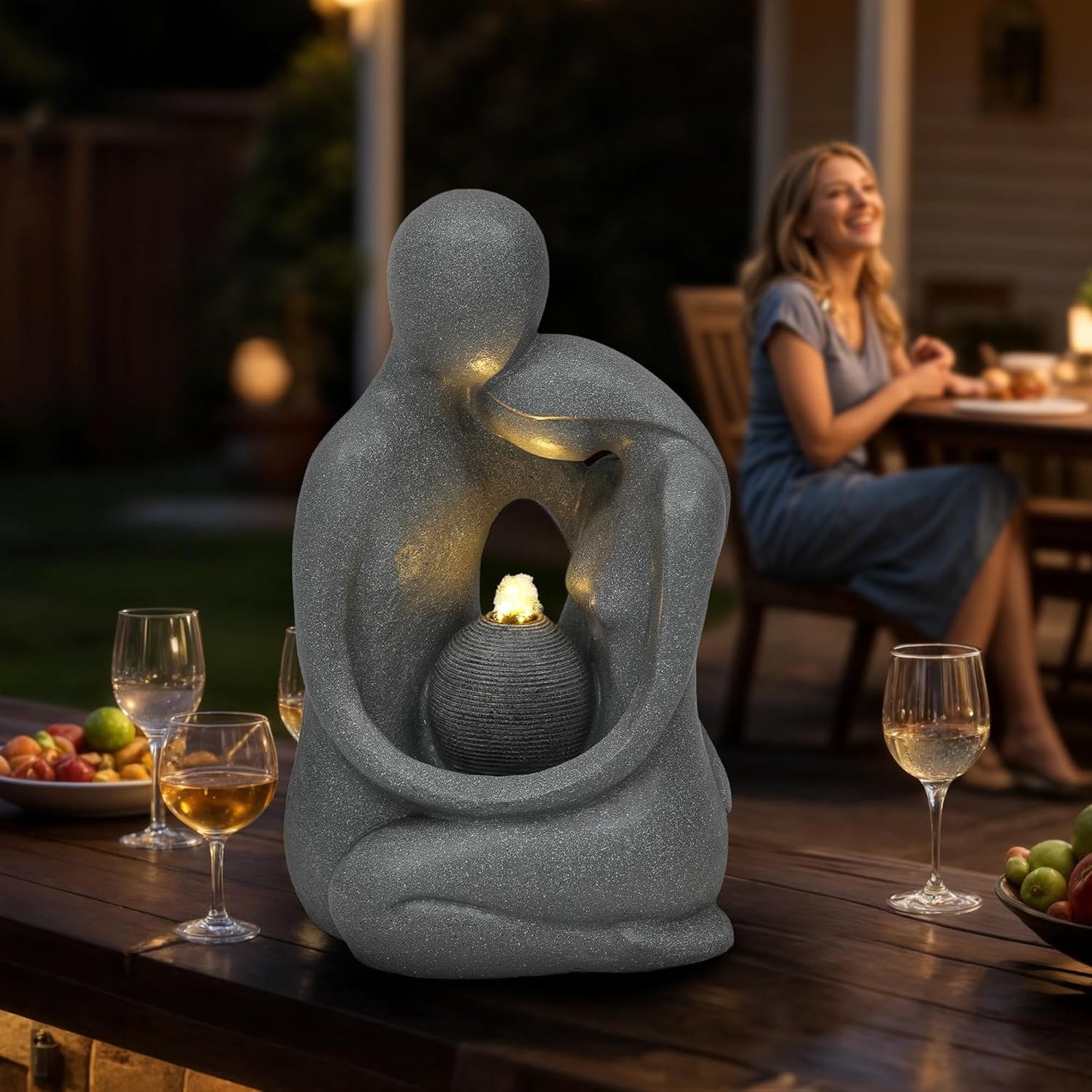 20.9in Hugging Couple Outdoor Water Fountain with LED Lights, Modern Couple Silhouette Garden Water Fountain for Patio, Yard,or Indoor Décor