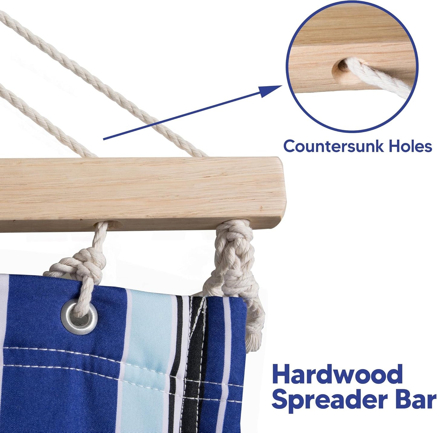 SUNCREAT Hammocks Quilted Fabric Hammock, Double Hammock with Spreader Bar, Soft Pillow, Max 475lbs Capacity, Blue Stripes