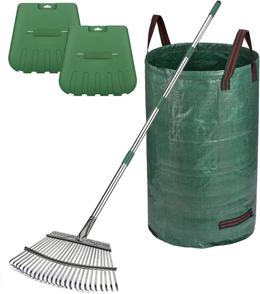 65" Rake,25-Tine Heavy Duty Garden Rake with Leaf Scoops & Bag - Non-Slip Fixed Handle Metal Rastrillo para Jardin for Lawn, Yard, Shrubs, Leaves, Debris
