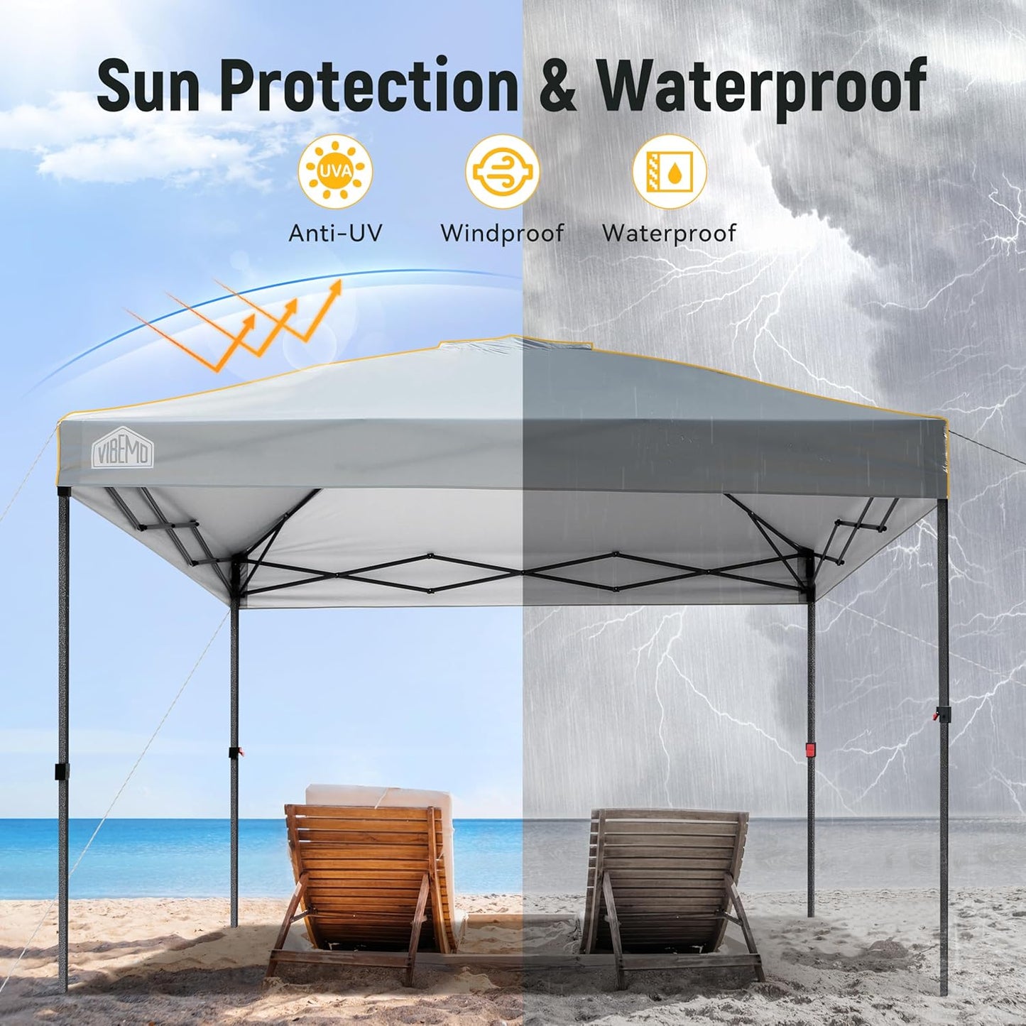 Canopy Tent 10x10, 1-Person Setup Pop Up Canopy Tent with Roller Bag, 3 Adjustable Height, 4 Sandbags, 8 Stakes, 4 Guylines, Waterproof and UPF50+ Sun Protection Outdoor Canopy for Party，Beach