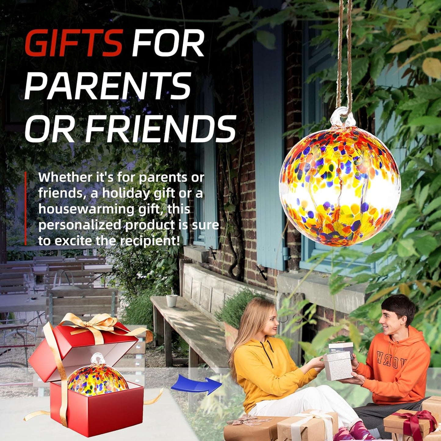 VOREEN 4" Hanging Glass Garden Gazing Ball Hand Blown Glass Witch Ball Christmas Ornament Friendship Balls for Outdoor Garden Patio Window Home Décor, Gift for Mom Wife Friend, Muticolor