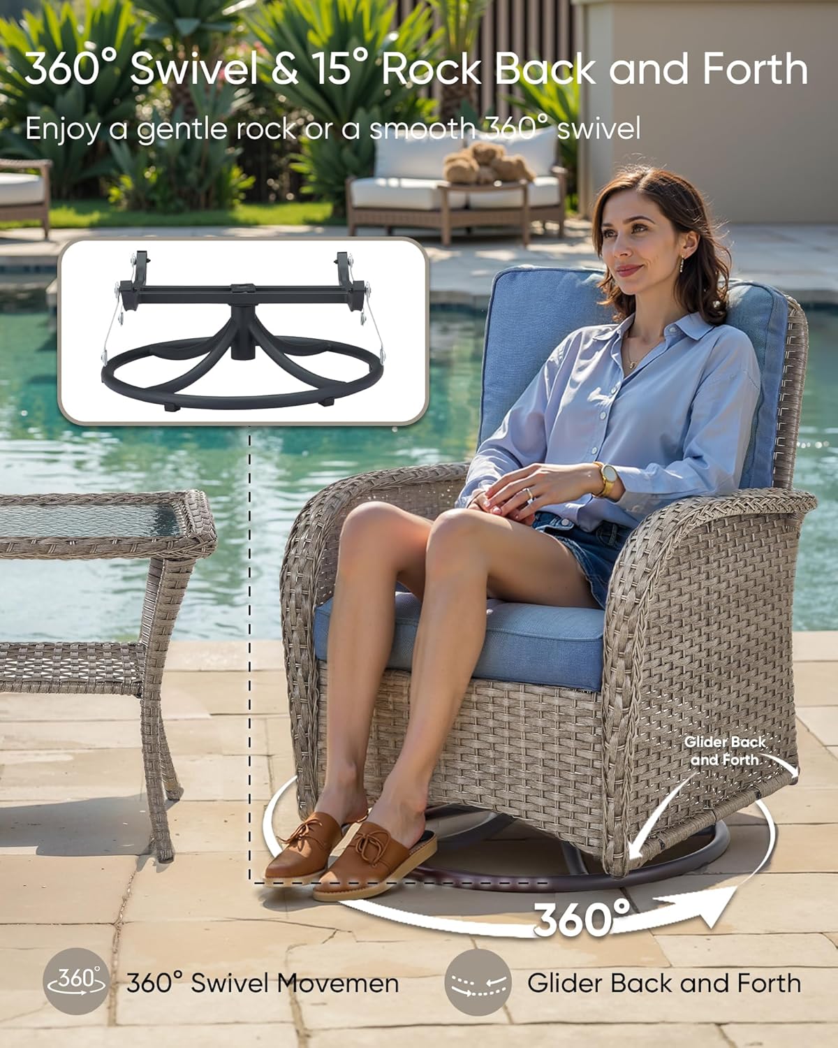 HUMMUH Patio Furniture Wicker Outdoor Furniture Sets High Back Outdoor Glider Bench with Patio Swivel Chairs Patio Conversation Sets for Deck Lawn Porch Balcony Poolside-Grey/Blue