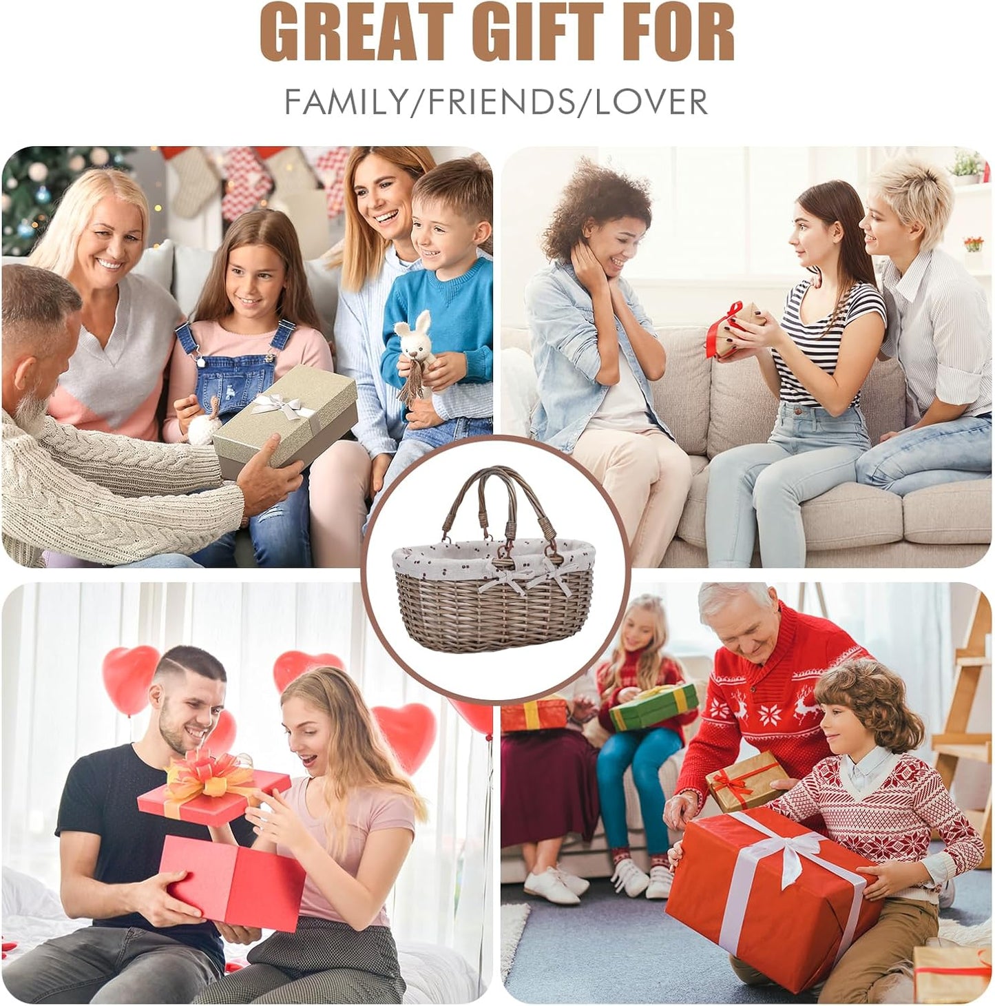 G GOOD GAIN Oval Picnic Basket with Folding Handles, Willow Hand Woven Shopping Basket, Bath Toy Kids Toy Storage Gift Packing Basket, Wicker Empty Easter Eggs and Candy Small Gift Basket. Beige