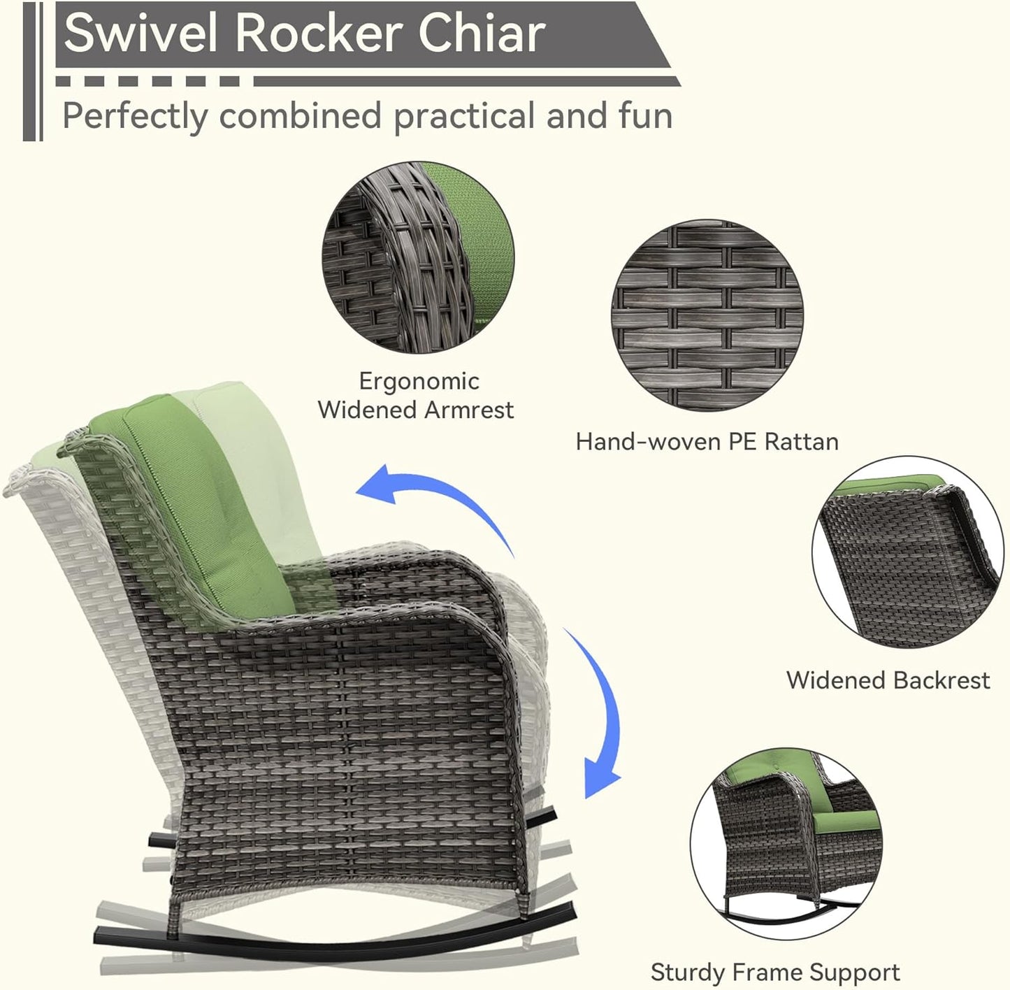 Outdoor Rocking Chair of 2, Wicker Patio Rocker Chair for Yard, Porch, Mixed Brown Grey Rattan, Green Cushions