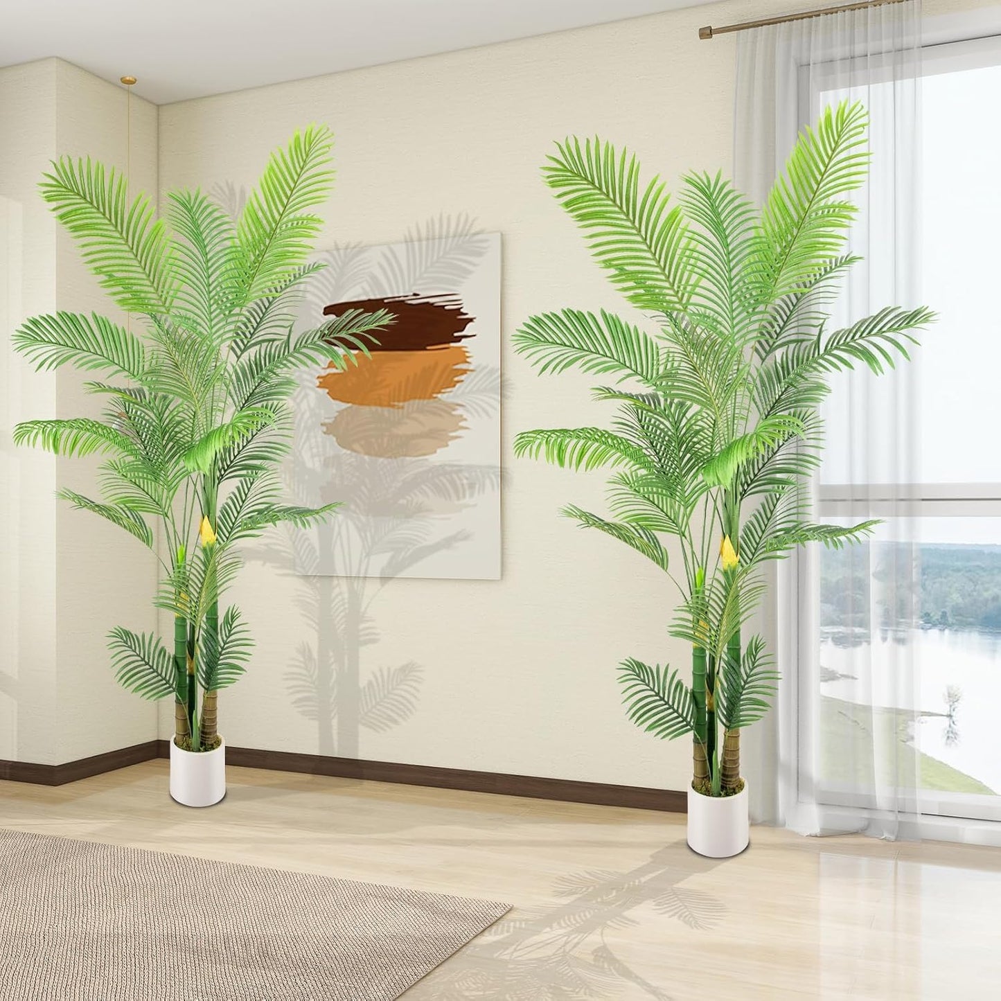 Artificial Fake Palm Tree 8FT 2Pack with White Planter & Free Moss, UV Resistant Artificial Palm Tree for Outdoors, Fake Plants for Poolside Home Room Decor, Faux Plants Outdoor Decor