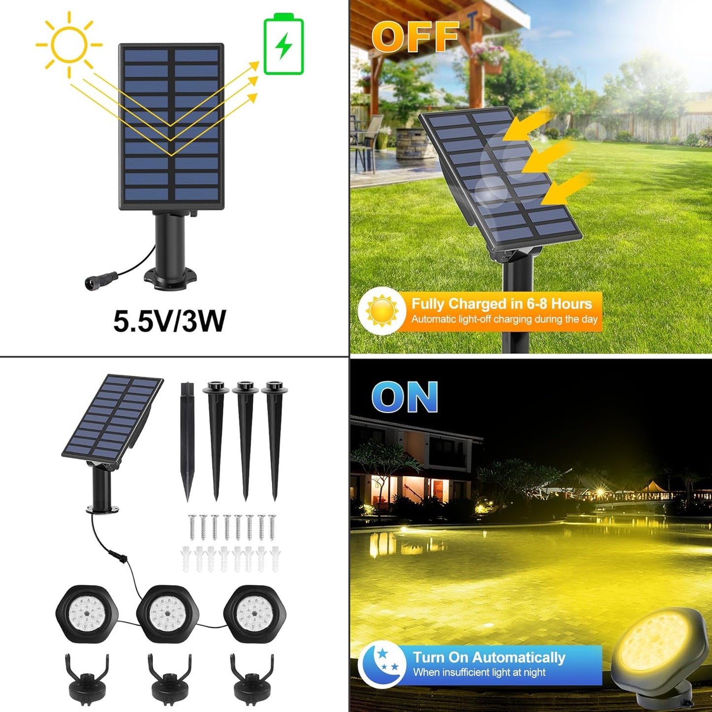 Solar Pond Lights, 18 LED Super Bright Underwater Spotlights LED Submersible Pond Light IP68 Waterproof Fountain Lights for Fish Aquarium Tank Garden Yard Pool Decor Warm White (3-in-1)