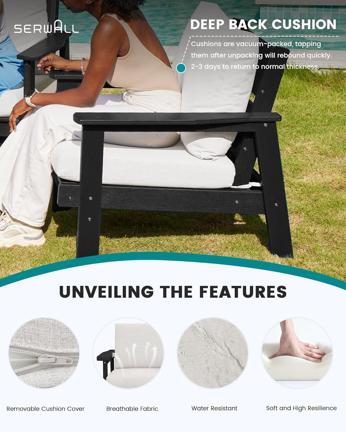 SERWALL HDPE Patio Furniture Set with 15FT Double Side Patio Umbrella, All Weather Wood-Like Outdoor Sofa Sectional Couch, Black Patio Furniture with Khaki Cushions