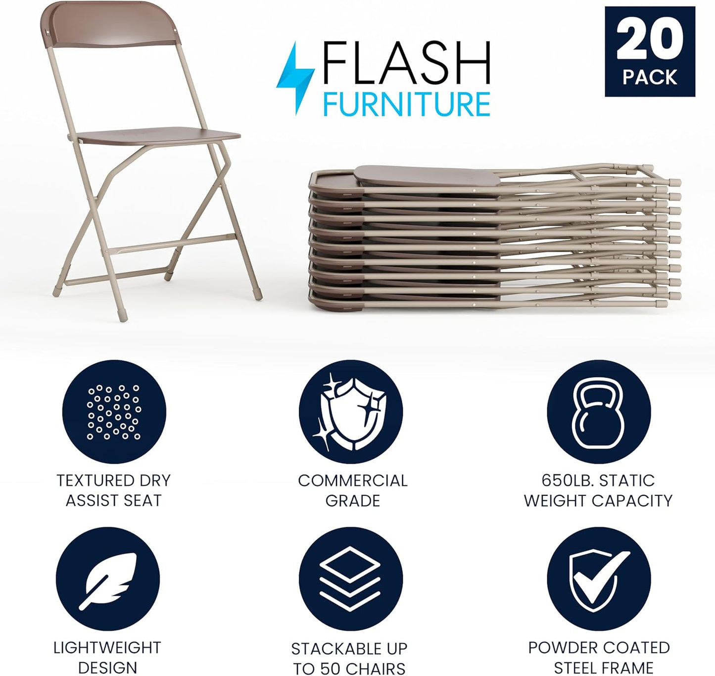 Flash Furniture Hercules Series Plastic Folding Chair - Brown - 20 Pack 650LB Weight Capacity Comfortable Event Chair-Lightweight Folding Chair