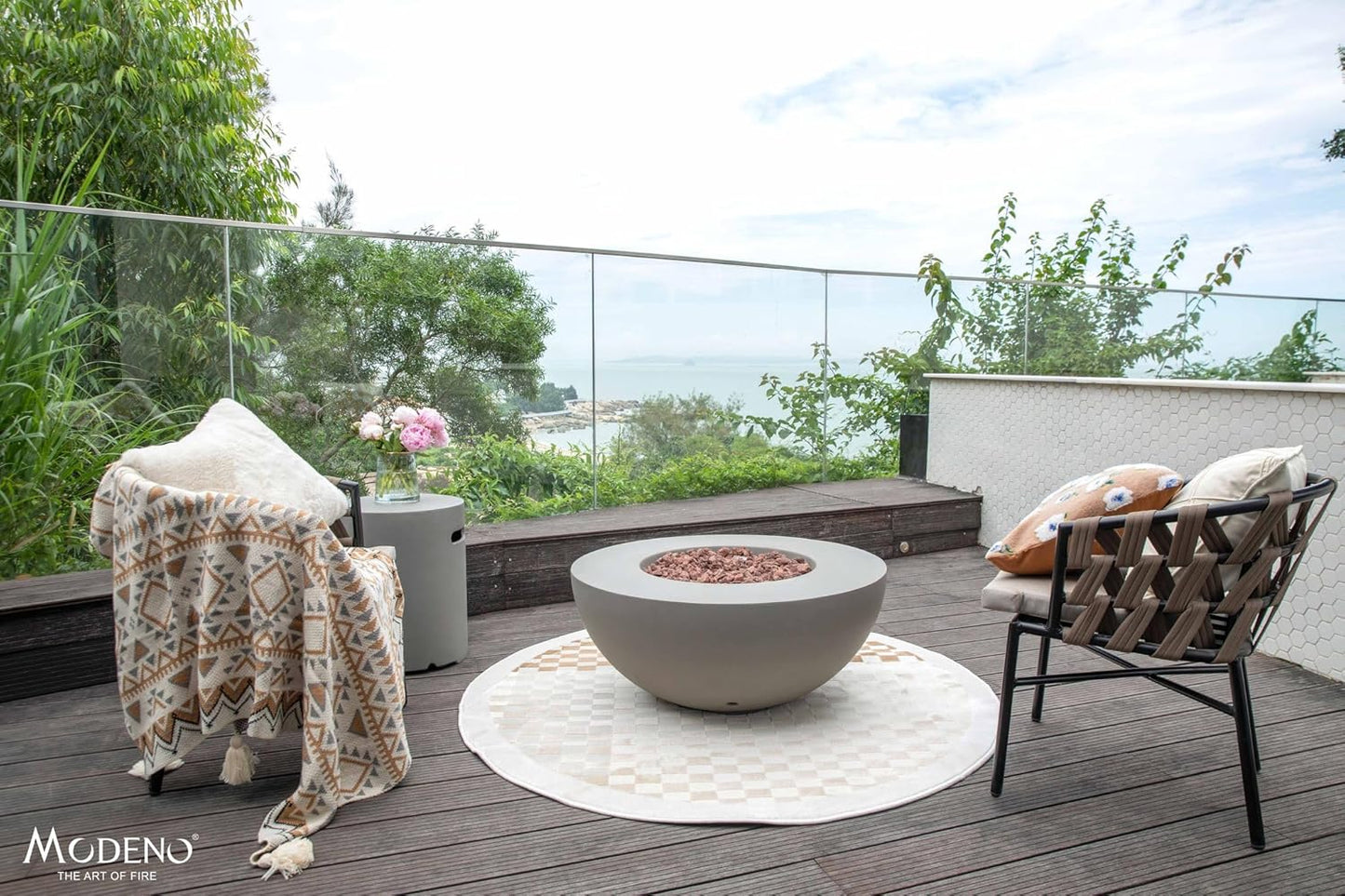 AMS Fireplace | Modeno Roca Package | Light Gray Liquid Propane Gas Fire Pit Table for Outdoor Patio Bundle with Tank Cover, Wind Guard, and SS Burner Lid | Free Rubber Mat & Ice Bucket