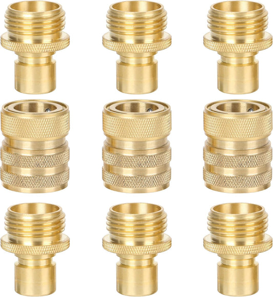 STYDDI Brass Garden Hose Quick Connect Fittings with Water Stop, Solid Brass Hose Quick-Connect Fittings with Auto Shut-off, 3/4 Inch GHT Thread Garden Hose Quick Connector Adapters, 3 Female + 6 Male