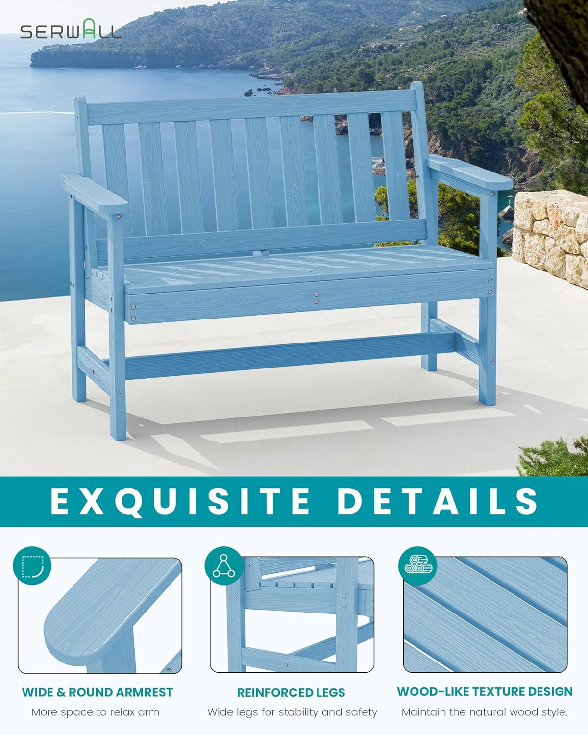 SERWALL Outdoor Bench, HDPE Outdoor Benches Weatherproof, 2-Person Garden Bench with 660 lbs Weight Capacity, Patio Benches for Outdoors, Garden, Porch, Backyard and Park, Light Blue, 2 Pack