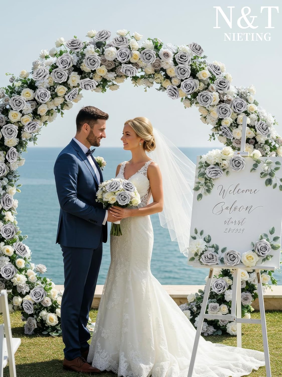 N&T NIETING Artificial Rose, 50pcs Gray Fake Foam Flowers with Stems for Wedding Party Baby Shower Cake Decoration, Home Display