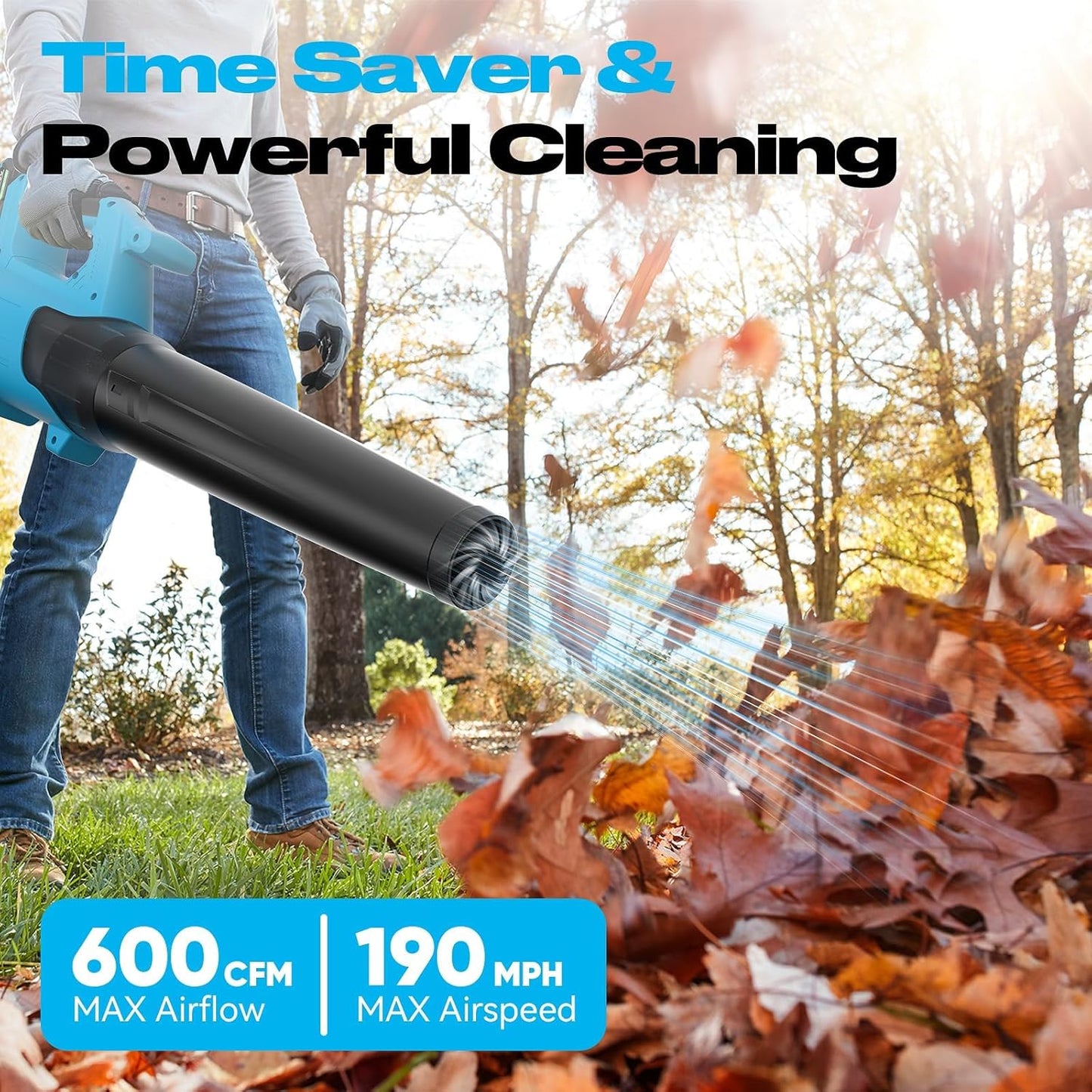 Cordless Leaf Blower for Makita 18V Batteries, 600CFM 190MPH, Brushless Motor, 6-Speed, 2×20V Batteries & Charger, Lightweight Electric Blower for Lawn Care, Yard, Dust, Snow