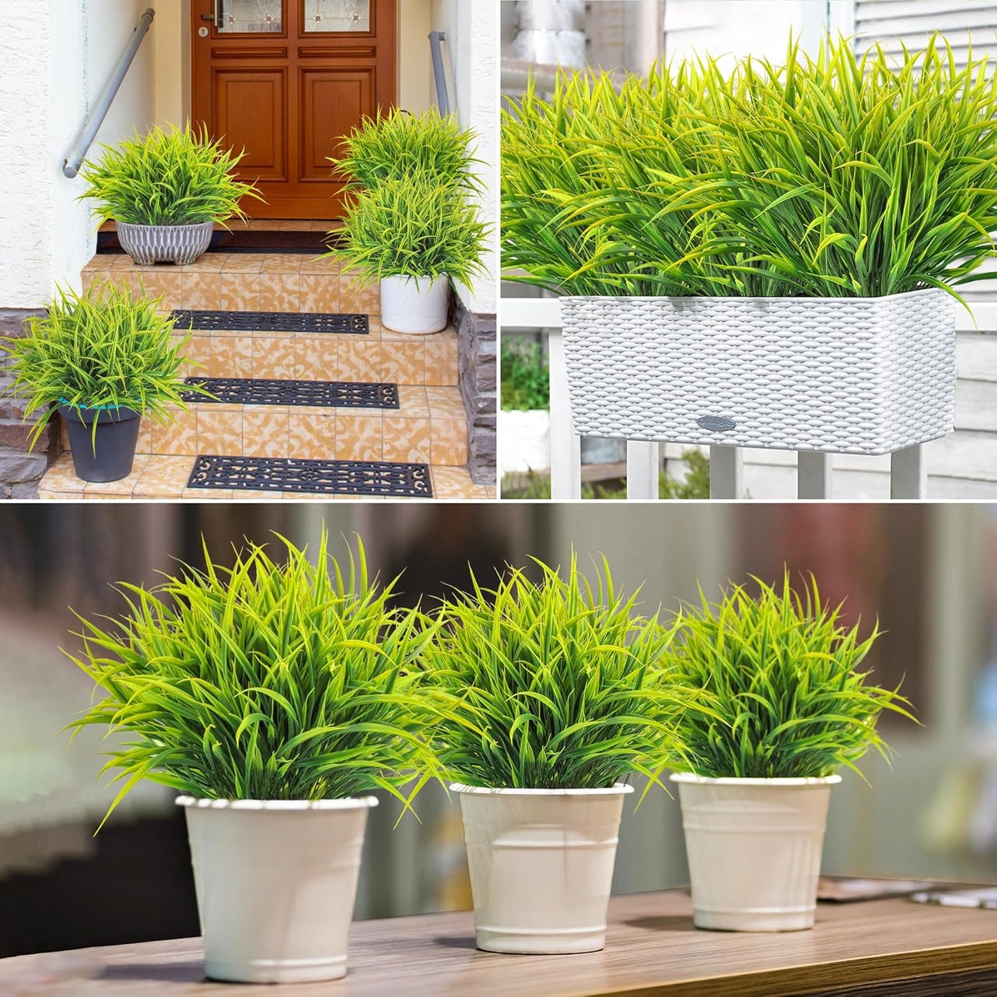 Ouddy Decor 16 Bundles Artificial Plants Outdoor Fake Grass Greenery Stems UV Resistant Faux Plastic Plants Shrubs for Spring Summer Home Garden Pathway Window Box Front Porch Decor, Yellow