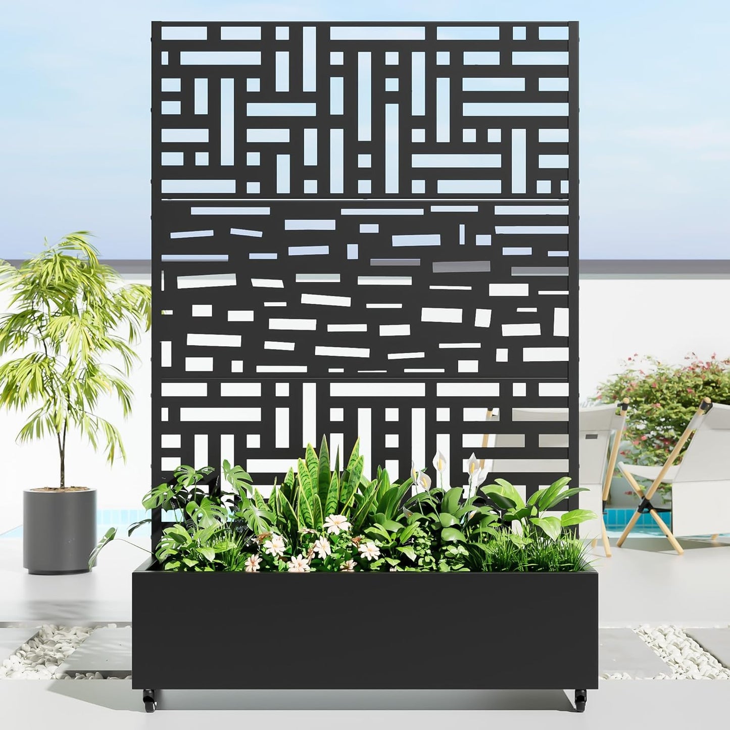 Casaphoria Metal Raised Garden Bed with Trellis and Wheels, 72"x47"x16" Planter Box for Climbing Plants, Vegetables & Vines, Features Drainage Holes and Privacy Screen, Black(Helen&Gerald)