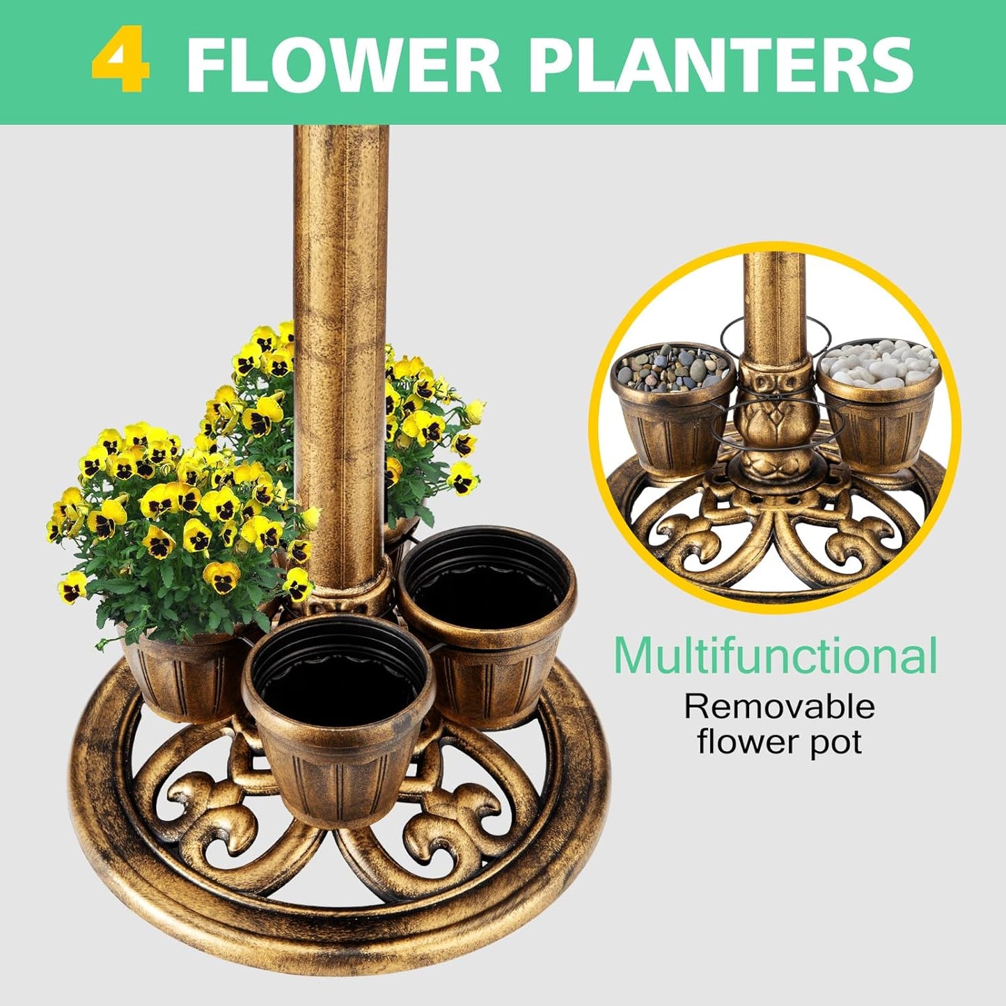 Bird Bath for Outside with 4 Removable Flower Planters 28in Polyresin Lightweight Vintage Birdbath for Outdoors Stake Standing Bowl and Water Feeder Yard Garden Decor Bronze