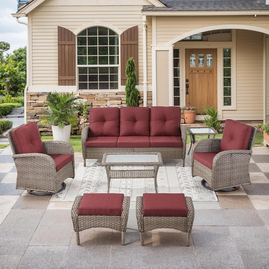 HUMMUH 7 Pieces Outdoor Furniture Set-All Weather Wicker Rattan Couch with Outdoor Rocking Chair Patio Furniture for Deck Lawn Porch Balcony Poolside-Grey/Red