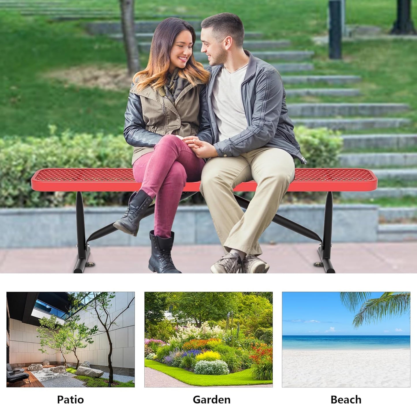 6 Feet Heavy Duty Metal Park Bench for Outside, Outdoor Bench with Portable Frame, Commercial Benches for Shopping Mall, Store, Park, Patio, Deck, Red