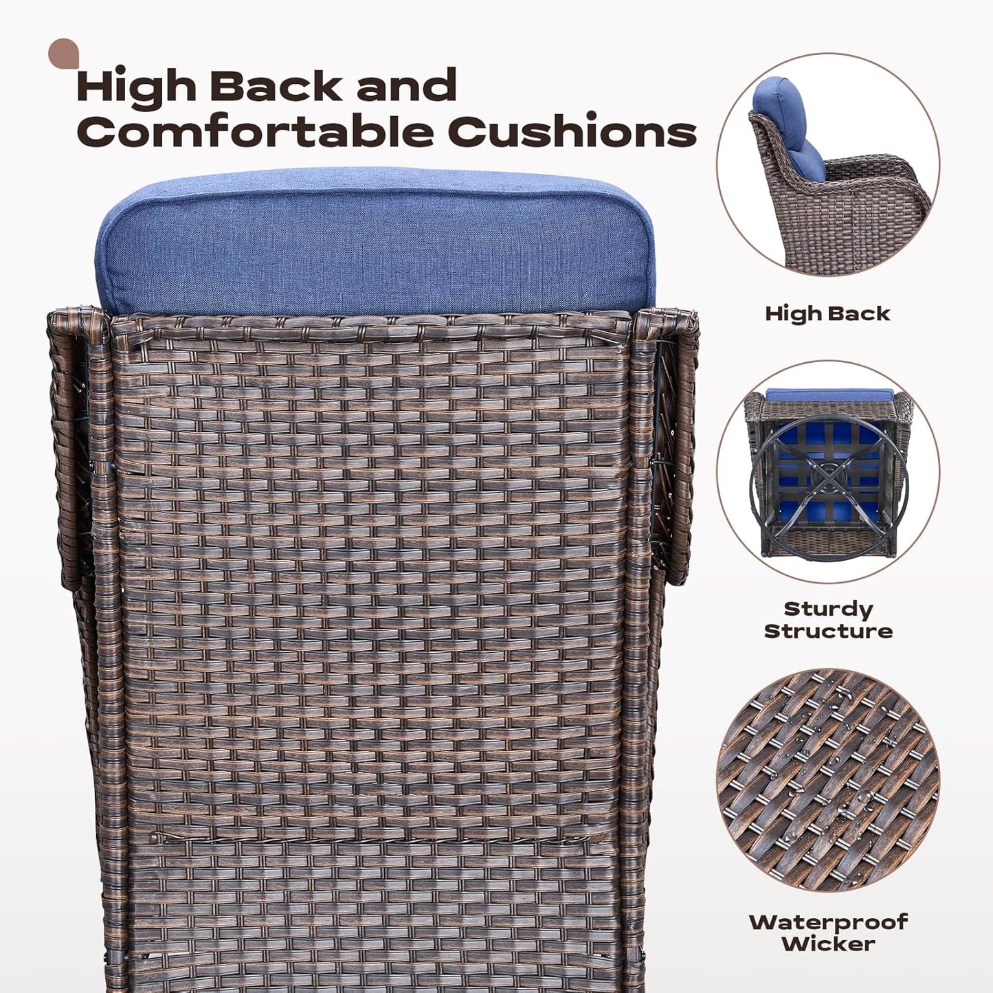 Wicker Outdoor Patio Furniture Set - 4 Piece Patio Conversation Set with Swivel Rocker Chairs and Ottomans, 6 inch Cushions, High Back, Deep Seating, for Porch Deck Garden Brown/Blue